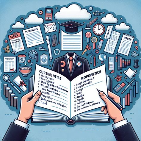 Illustrate an image featuring the following professional career development elements placed symmetrically over an open book: 1) Curriculum Vitae document, 2) motivation letter, 3) work experience summary, 4) stacked diplomas, 5) language proficiency chart, 6) list of skills, 7) hobbies including reading and sports, 8) travel as a centre of interest. There should be an abstract cloud above the book filled with relevant keywords depicting the ideal characteristics of a CV, including the words 'concise', 'clear', 'relevant', 'easy to read', 'easy to understand'. Everything should be designed with the focus on readability, clarity, and pertinent information. Make sure the overall image conveys the importance of precision, conciseness, and aesthetically pleasing presentation when creating a CV. Motivation Letter, An Open Book, Abstract Cloud, List Of Skills, Language Proficiency, Curriculum Vitae, Open Book, Career Development, Work Experience