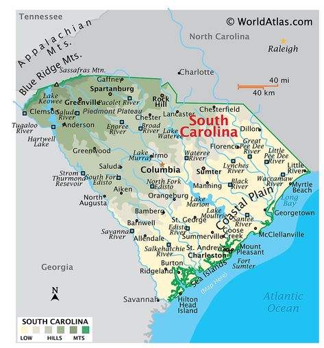 South Carolina Maps & Facts - World Atlas America Outline, Carolina Do Norte, Lake Keowee, Murray River, Physical Map, North America Map, Coastal Plain, Coast Style, County Map