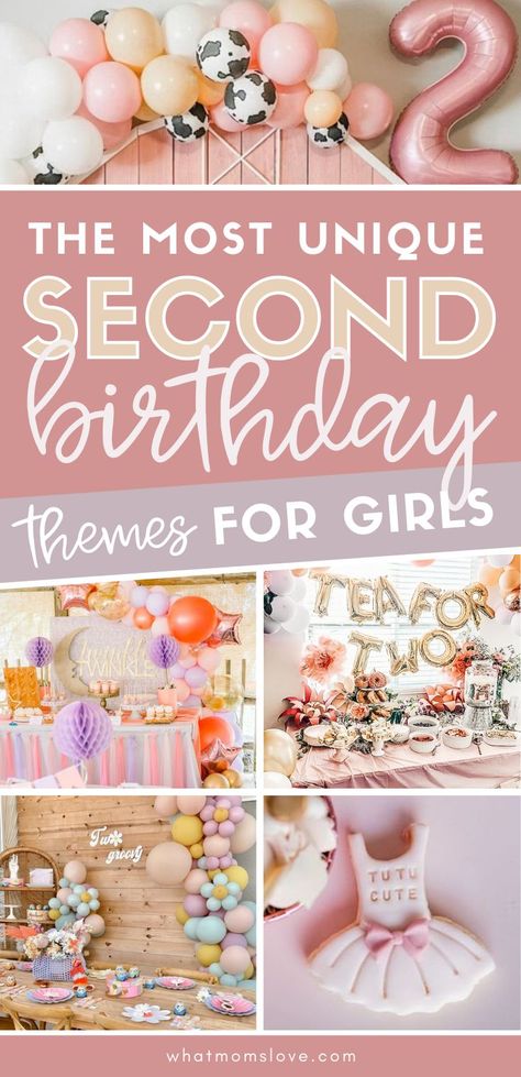 Unique 2nd birthday party themes for girls | Creative ideas for celebrating your 2 year old including inspiration for decorations, food, party favors and more! Two Year Party Theme, Birthday Party For 2 Year Girl, Birthday Party Two Year Old Girl, 2 Cute Birthday Theme, Baby Second Birthday Ideas, 2 Girl Birthday Theme, Theme For 2nd Birthday Girl, Birthday Party Ideas For 2 Year Girl, Toddler 2nd Birthday Ideas Girl