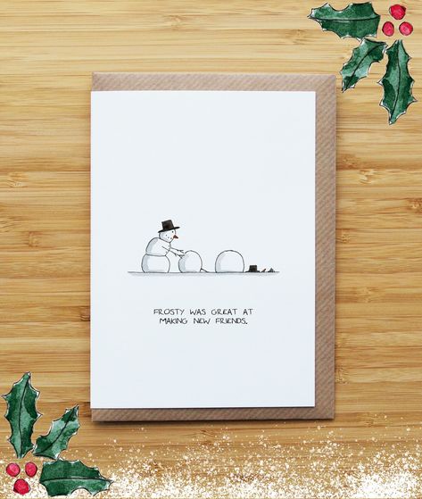 Caption: Frosty was great at making new friends. ~ Original Watercolour and Ink Card/Print by RossJDesigns Add this card to a Christmas multipack: https://www.etsy.com/uk/listing/547982184/christmas-card-multipack - Shipping from Edinburgh, UK - Original watercolour design reprinted on 100% recycled white smooth 300gsm card (FSC approved) OR 100% biodegradable seeded paper (embedded with a mix of wildflower seeds). Cards are handmade, folded and printed by the RossJDesigns team. - Size A6 Card ( Pen And Wash Christmas Cards, Nordic Christmas Cards, Cards Drawing, Sustainable Projects, Seeded Paper, Edinburgh Uk, Christmas Letters, Snowman Christmas Cards, Watercolour Design