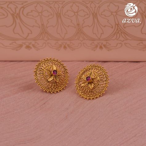 Top Designer Gold Earring Collections Are Here! • South India Jewels Earrings Tops Gold, Tops Jewellery Design, Gold Earrings Tops Design, Earring Tops Design, Tops Gold Earrings, Earing Designs Gold, Tops Earrings Gold, Gold Earing Design New, Ear Tops Design