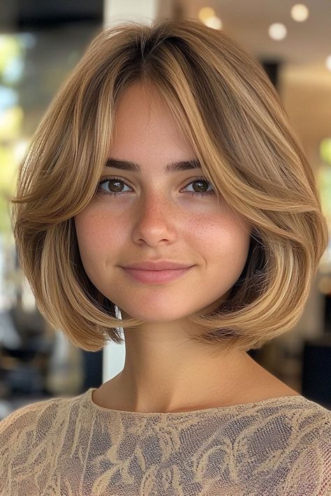 Layered Bob Haircut, Classic Blonde Bob with Curtain Bangs Short Bob Haircuts With Curtain Bangs, Short Blonde Haircuts Curtain Bangs, Mid Length Layers With Bangs, Bob Hair Curtain Bangs, Shoulder Bob With Curtain Bangs, Curtain Bangs Bob Haircuts, Curtain Bang Bob Haircut, Air Dry Hairstyles For Fine Hair, Bob With Glasses Hairstyles