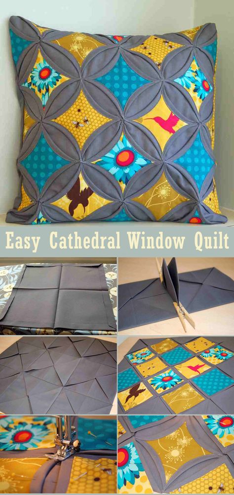 Easy Cathedral Window Quilt Tutorial Crazy Quilt Pillow, Mock Cathedral Window Quilt, Faux Cathedral Window Quilt Pattern, Cathedral Quilt Block, Cathedral Windows Quilt Pattern, Window Pane Quilt Pattern Free, Cathedral Windows Quilt, Cathedral Window Quilt Tutorial, Embroidery Quilts Ideas