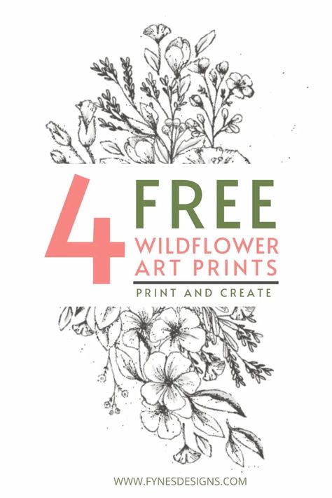 Free wildflower art printable. Print and create with watercolour or pencil crayons, or leave black and white for a piece of neutral artwork. | How to Print on Watercolor Paper by popular US interior design blog, Fynes Designs: Pinterest image of four wildflower watercolor printables. Watercolor Pages Free Printable, Printing On Watercolor Paper, Flowers To Print Free Printable, Free Printable Watercolor Wall Art, Printable Watercolor Art Free, Free Watercolor Printable Templates, Watercolor Templates Printables Free, Watercolor Printable Free, Free Printable Flowers