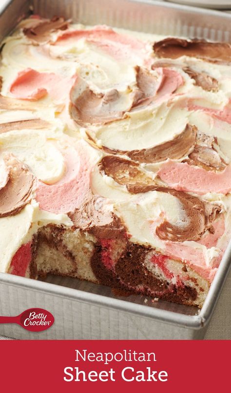 Marble cake gets an upgrade with this sweet sheet cake swirled with Neapolitan flavors. Frosting swirls of chocolate, vanilla and strawberry make this pretty cake stunning from top to bottom! Pretty Cake, Baking Cocoa, Sheet Cake Recipes, Studded Ankle Boots, Marble Cake, Cake Mix Recipes, Breakfast Cake, Food Cakes, Sheet Cake