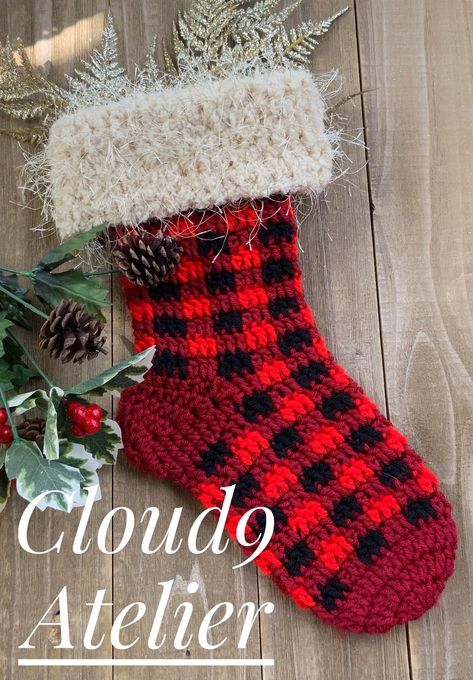 Stocking Crochet Pattern, Country Crochet, Christmas In The Country, Buffalo Plaid Stockings, Stocking Crochet, Plaid Stockings, Crochet Stocking, Unique Tools, Christmas Stocking Pattern