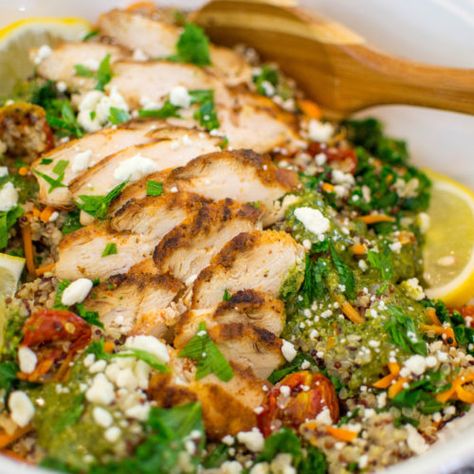 Pesto Bowl Recipe, Pesto Bowl, Quinoa Power Bowl, Chicken And Quinoa, Quinoa Chicken Bowl, First Watch Power Bowl Recipe, Chicken Quinoa Bowl, Pesto Chicken Bowl, Thai Chicken Quinoa Bowl