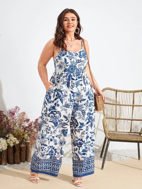 Plus Floral Print Wide Leg Cami Jumpsuit | SHEIN USA Boho Plus Size, Cami Jumpsuit, Boho Style Outfits, Boho Romper, Floral Cami, Jumpsuit Outfit, Shein Dress, Plus Size Jumpsuit, Floral Jumpsuit