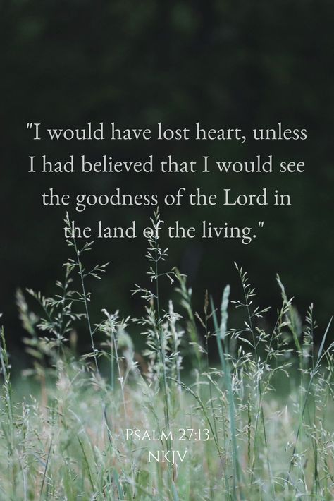 "I would have lost heart, unless I had believed that I would see the goodness of the Lord in the land of the living." - Psalm 27:13 NKJV The Goodness Of The Lord, Worship Scripture, Psalm 27 13, Jesus Crucified, The Goodness Of God, Goodness Of God, Land Of The Living, Spiritual Warfare Prayers, Presence Of The Lord