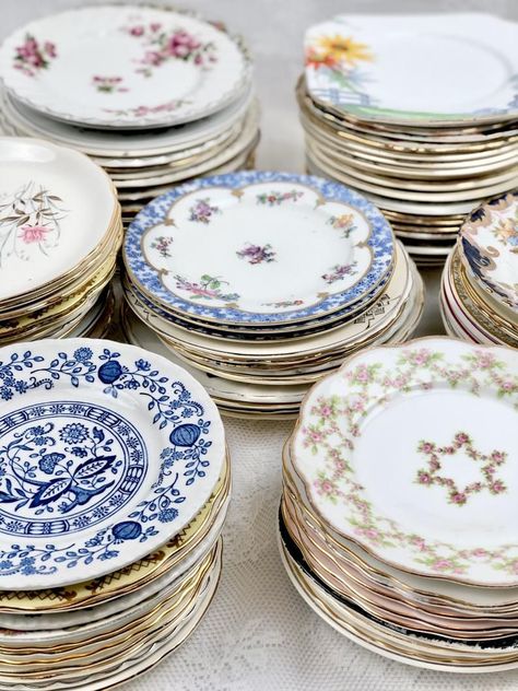 Wedding Mismatched Plates, Mismatched Dishes Wedding, Miss Matched Dinner Plates, Mix Match Wedding Plates, Thrifted China For Wedding, Vintage Wedding Plates Place Settings, Mixed Plates Wedding, Mis Matched Wedding Plates, Mismatched Vintage Plates