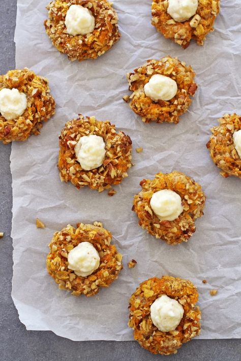 Carrot Cake Thumbprint Cookies | girlversusdough.com @girlversusdough #girlversusdough Easy Carrot Cake, Carrot Cake Cookies, Thumbprint Cookies Recipe, Easter Brunch Food, Spring Cookies, Thumbprint Cookies, Bountiful Harvest, Easter Brunch, Cake Flavors