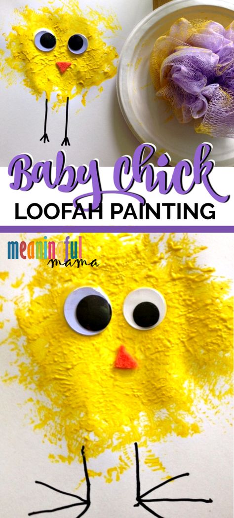 Loofah painted baby chick craft for young kids - toddlers, preschool kids and kindergarten spring and Easter craft idea. #springcraft #craftsforkids #toddlers #preschoolers #preschoolcraft #toddlercraft Spring Toddlers Craft, Spring Easter Crafts For Toddlers, Spring Craft Ideas For Toddlers, Baby Chick Crafts For Toddlers, Preschool Chick Crafts, Baby Animals Art Preschool, Easter Art Activities For Preschool, Easter Theme For Toddlers, Chick Craft For Toddlers