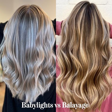 Babylights vs Balayage Bangs On Women, Mullet With Micro Bangs, What Are Babylights, Colors For Spring 2023, Long Curly Shag, Balayage Vs Highlights, Soft Hair Color, Cool Haircuts For Women, Babylights Blonde