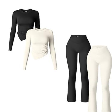 2 Piece Long Sleeve Crew Neck Ruched Stretch Fitted Underscrubs Layer and 2 Piece Yoga Pants Ribbed Seamless Workout High Waist Bell Bottoms Flare Leggings Outfits With Bell Bottom Leggings, Bell Bottom Leggings, Yoga Set, Flare Leggings, Yoga Pants, Bell Bottoms, Active Wear, Yoga, Leggings