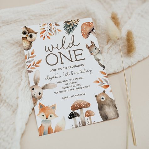 "Welcome to the wild world of your little one with our Wild One Woodland Animal 1st Birthday Invitation! This enchanting, editable template is perfect for your baby's first big day, featuring a delightful array of forest friends like bears, foxes, squirrels, rabbits, and owls, all beautifully illustrated in whimsical watercolors. 𝗠𝗔𝗧𝗖𝗛𝗜𝗡𝗚 𝗜𝗧𝗘𝗠𝗦: https://www.etsy.com/au/shop/designhartparty?search_query=Z343 Download and edit this birthday invitation template INSTANTLY yourself. No n Woodland Animal 1st Birthday Party, 1st Birthday Forest Theme, Wild One Forest Birthday Party Boys, Woodland One Year Birthday, Wild One Woodland First Birthday, Woodlands First Birthday, Woodland First Birthday Boy, Woodland Theme First Birthday, Woodland 2nd Birthday