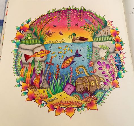 Underwater page from Enchanted Forest coloring book - Album on Imgur Completed Coloring Pages, Lost Ocean Coloring Book Finished Pages, Colored Pages Completed, Johanna Basford Finished Pages, Lost Ocean Coloring Book Finished, Coloring Pages Completed, Finished Coloring Pages, Magical Jungle Johanna Basford, Forest Coloring Pages