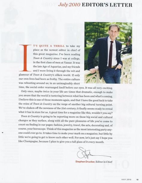 The text in this page is off centered, but is balanced through the placement of the editors picture. The drop cap is very formal but provides a personality statement in the opening of his letter. There is consistent use of orange in the date, the opening sentence and his name, this color unites these elements. This layout has lots of space left, as the paragraph could start level with the picture, or continue to the align with the far right of the picture. Editor's Note Magazine, Editors Letter, Magazine Letters, Editors Note, Magazine Design Cover, Editorial Layouts, Magazine Layout Inspiration, Fashion Magazine Layout, Magazine Editor