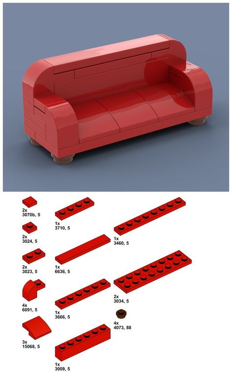 Free directions for a simple couch. Built in stud.io. Lego Creations Instructions, Lego Diy Crafts, Simple Couch, Easy Lego Creations, Lego Furniture, Construction Lego, Red Couch, Lego Christmas, Free Lego