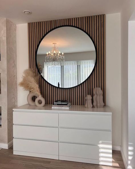 Hair Salon Wall Panelling, Wall Panelling With Mirror, Mirror On Panelled Wall, Panelling With Mirror, Black Panelling Living Room, Landing Mirror Ideas, Circle Mirrors On Wall Living Room, Round Mirror Ideas, Large Wall Mirror Ideas Living Room