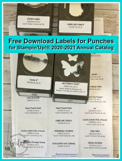 Organize your Stampin\'Up! 2020-2021 Annual Catalog product with the free printable labels for Punches and Stamp Sets. All available at frenchiestamps.com #stampinup #stamping #frenchiestamps #cardmaking #papercrafts #handmadecards #organizestampinupproducts Craft Paper Storage, Stampin Up 2020 2021, Craft Storage Organization, Canning Labels, Organizing Labels, Labels Printables Free, Printable Chart, Printable Recipe Cards, Stampin Up Catalog