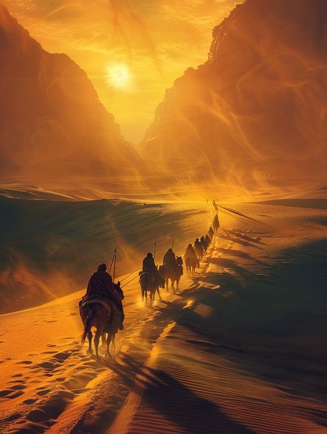 Caravan in Desert with Radiating Sun Desert Camping Aesthetic, Desert Caravan, Nomad Aesthetic, Rembrandt Lighting, Desert Nomad, Anime Landscape, Inspirational Digital Art, Desert Aesthetic, Fantasy Cars