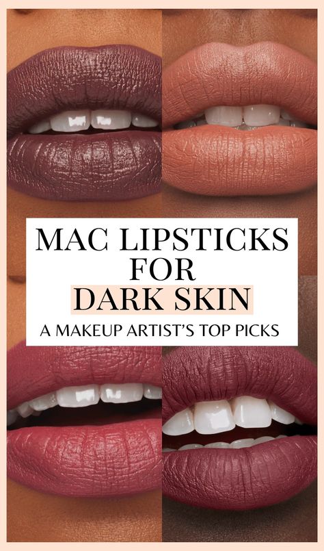 A guide to the best shades of MAC lipstick for dark skin and medium skin, from nude matte lipsticks to red and plum lip colors like Soar and Captive Audience! Mac Lipstick For Dark Skin, Brown Mac Lipstick, Whirl Lipstick, Mac Red Lipsticks, Lipstick On Brown Skin, Plum Lip, Fall Lip Color, Nude Lipstick Shades, Mac Lip Liner