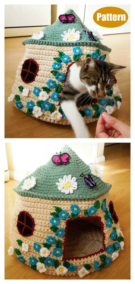 Adorable Cat Cave Crochet Patterns Cat Toys Crochet Pattern Free, Cat Toy Crochet Pattern, Crochet Projects For Cats, Crochet Cat Things, Pet Crochet Patterns Free, Crochet Cat Stuff, Crochet Cat Toys Free Pattern, Crochet For Cats, Cat Cave Crochet Pattern