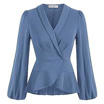 Womens Peplum Tops, Blue Peplum Top, Elegant Tops, Long Sleeve Wrap Top, Formal Tops, Peplum Tops, Dressy Shirts, Work Blouses, Teenage Fashion