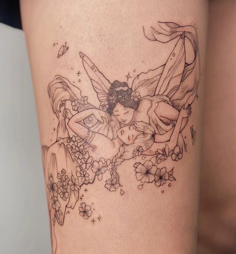 Storybook Tattoo Sleeve, Pop Surrealism Tattoo, Fairyopolis Tattoo, Princess And The Pea Tattoo, Corset Tattoo Leg, Girly Grunge Tattoos, Fairy Chest Tattoo, Two Women Tattoo, Pretty Fairy Tattoo