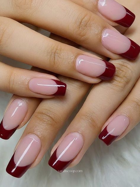 Maroon Tip Nails French Manicures, French Nails Burgundy Tips, Maroon Glitter French Tip Nails, Maroon French Nails, Maroon And Pink Nails, Maroon French Tips, Burgundy French Tip, Maroon And Burgundy, Maroon Acrylic Nails