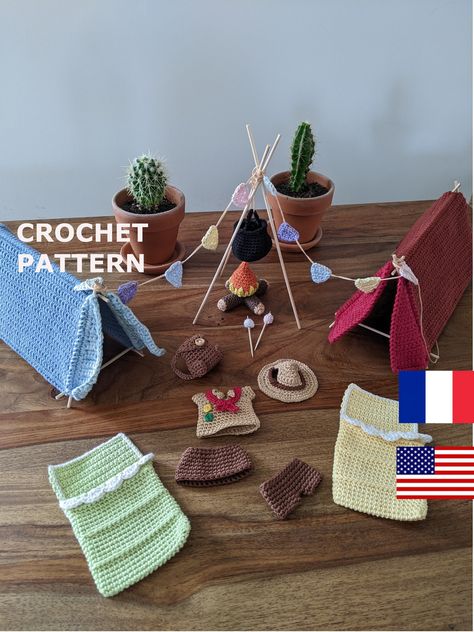 "Crochet amigurumi pattern for this camping accessories. The pattern includes the pattern for : the tent, the sleeping bag, the cooking pot, the campfire, the marshmallows, the garland, a backpack, the full scout uniform with shorts or a skirt (26 pages PDF with written instructions and step-by-step pictures). CAREFUL : the mouse crochet pattern is not included (if you're interested in it, please check the other products in the section \"The Mice Family\" to find it, there is also bundles including both the mouse pattern + accessories) Level : intermediate (if you're a beginner, this pattern might be too complicated for you).  Materials : everything is detailed in the pattern Languages and files : 2 files can be downloaded, one is in english and the other is in french. The english version Crochet Camping, Scout Uniform, Crochet Mouse, Hello Kitty Cake, Crochet Quilt, Fun Crochet Projects, Cooking Pot, Camping Accessories, Fabric Projects