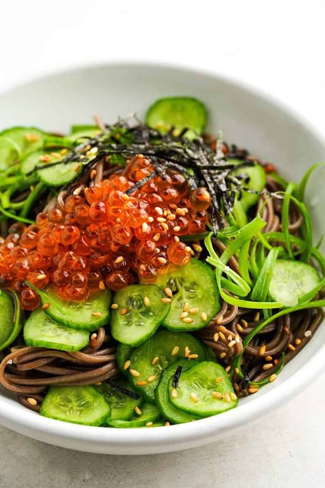 Soba Noodle Recipe Healthy, Cold Soba Noodle Salad, Whisper Of Yum, Cold Noodles Recipes, Cucumber Salmon, Soba Recipe, Soba Salad, Soba Noodles Recipe, Noodle Salad Cold