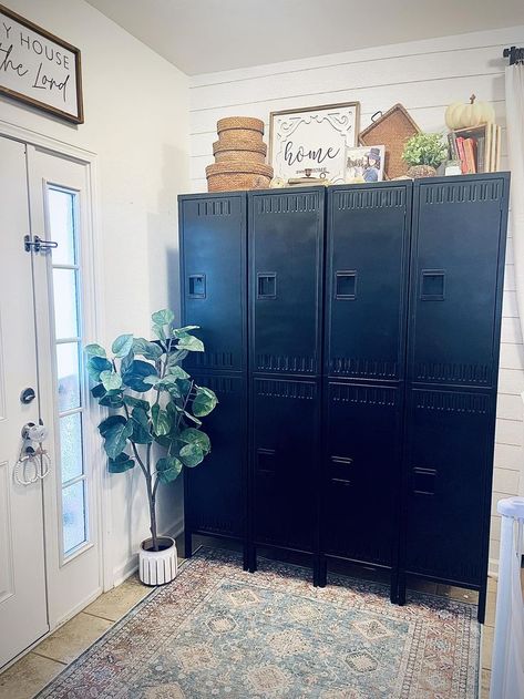 Metal Lockers In Living Room, Lockers In Home, Metal Lockers Ideas For Home Entryway, Metal Lockers Mudroom, Locker Makeover Metal, Locker Entryway Ideas, School Lockers Repurposed, Old Lockers Repurposed, Refurbished Lockers