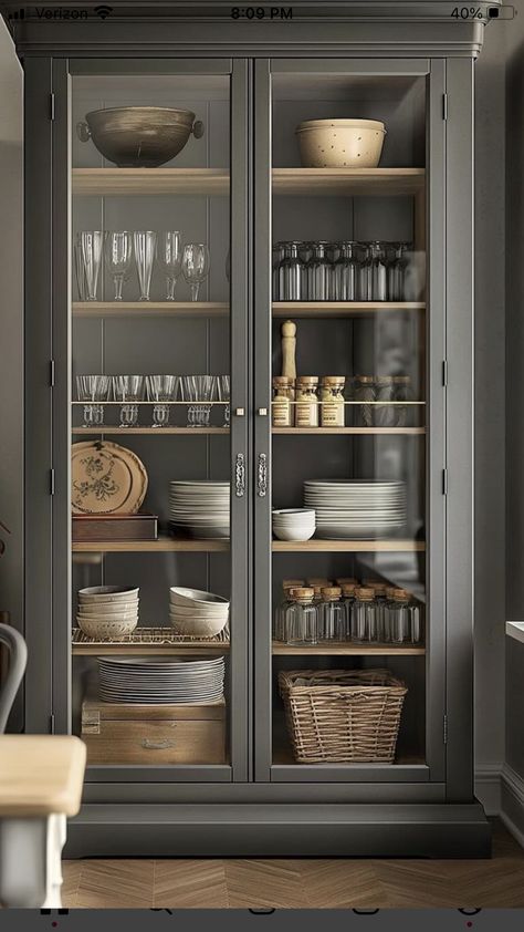 Storage Room For Kitchen, Pottery Cabinet Display, Kitchen Display Cabinet Modern, Kitchen Cupboard Glass Doors, Glass Window Kitchen Cabinets, Glass Cabinets Display Kitchen Cupboards, Wine Glass Storage Ideas, Kitchen Glass Cabinets Display Ideas, Holiday House Plans