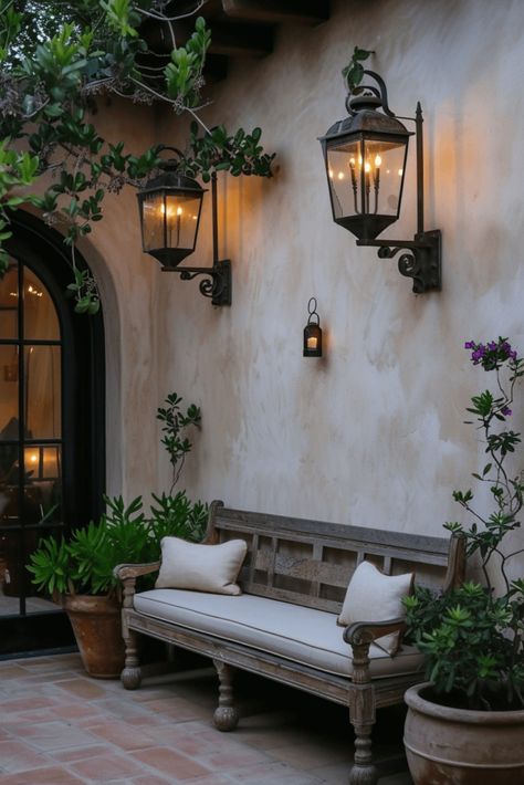 Stucco Patio, Patio Wall Ideas, Patio Walls, Colorful Cushions, Stucco Wall, Mediterranean Patio, Rustic Wooden Bench, Outdoor Decor Ideas, Patio Decor Ideas