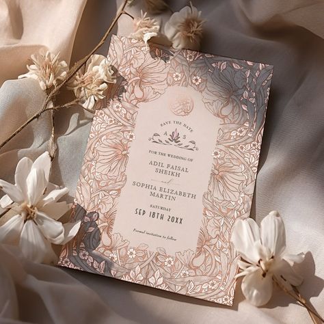 Embrace timeless elegance with our Save the Date wedding cards featuring the renowned Pimpernel pattern by William Morris, masterfully rendered in vintage hues of cream white, peach pink, and accented with real foil. William Morris, a figurehead of the Arts and Crafts Movement, believed in the beauty of handcrafted designs and the harmonious interaction of color and pattern. His iconic Pimpernel pattern, characterized by its entwining foliage and delicate florals, has endured through the decades, embodying an aesthetic that celebrates the natural world and intricate craftsmanship. These invitations not only pay homage to a bygone era but also resonate with modern sensibilities, making them a perfect choice for couples seeking a blend of traditional artistry and contemporary elegance for th Nouveau Wedding Invitations, Interaction Of Color, Art Nouveau Wedding Invitation, Muslim Nikah, Whimsical Wedding Invitations, Art Deco Invitations, Pink Roses Wedding, Elegant Wedding Invitation Card, Art Deco Wedding Invitations