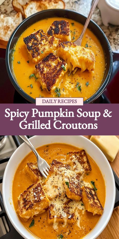 Indulge in the perfect fall comfort food with this Spicy Pumpkin Soup + Grilled Cheese Croutons recipe. This creamy and flavorful soup is elevated with a touch of spice, while the crispy grilled cheese croutons are the ultimate savory topping. Warm up your soul with each spoonful of this delicious combination. Try it now and experience the cozy flavors of the season! Savory Fall Soups, Soup And Bread Recipes, Savory Comfort Food, Healthy Soup Recipes Chicken, Spicy Mexican Soup, Fall Soup Ideas, Easy Wonton Soup, Food Palette, Meaty Chili