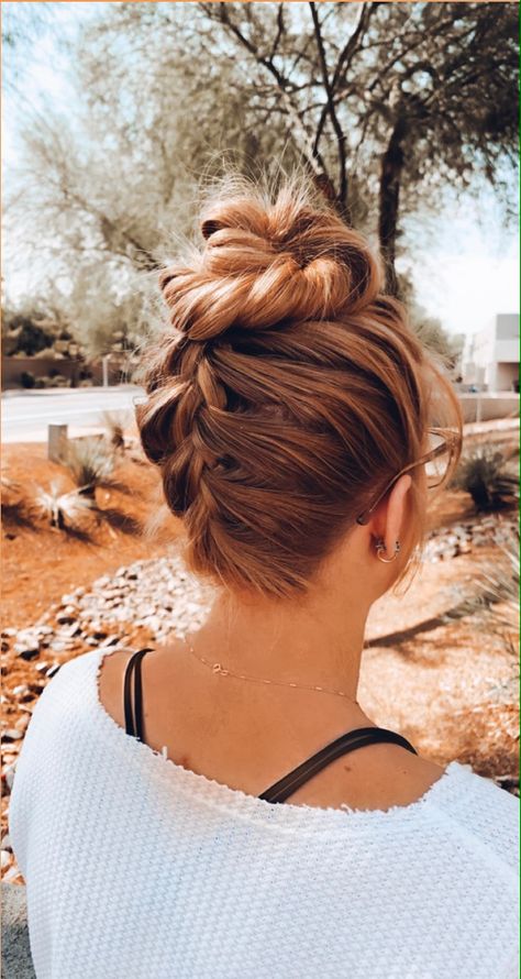 Upside Down Braids Into Buns, Underneath Braid Bun, Bun With French Braid, Upside Down French Braid Bun, Under Braids Hairstyles, Braid Underneath Hair, French Braid Bridesmaid Hair, Upside Down Braid Bun, French Braid Into Bun