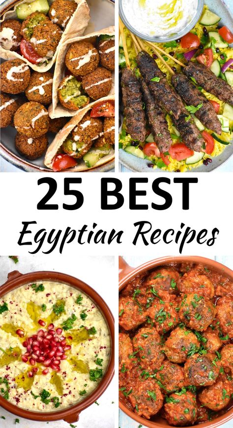 Collage of four Egyptian recipes. Northern African Recipes, Best Recipes Around The World, Arabic Vegetable Recipes, Nigerian Meal Ideas, Egyptian Couscous Recipes, Healthy Egyptian Recipes, Egyptian Kofta Recipe Beef, Vegan Egyptian Recipes, Egyptian Cuisine Recipes