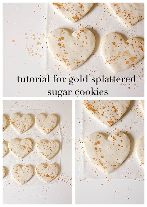 sweets   Lavender Vanilla Bean Sugar Cookies. Recipe and Tutorial for Gold Splatter Cookies. These cutout cookies are flavored with lavender and vanilla and topped with a simple icing glaze that is easy and quick to apply. The gold is painted on the cookie in a splatter technique that is a fun method of decorating! Simple Icing, Icing Glaze, Painted Sugar Cookies, Vanilla Bean Sugar, Gold Cookies, Lavender And Vanilla, Anniversary Cookies, Cutout Cookies, Cookie Craft