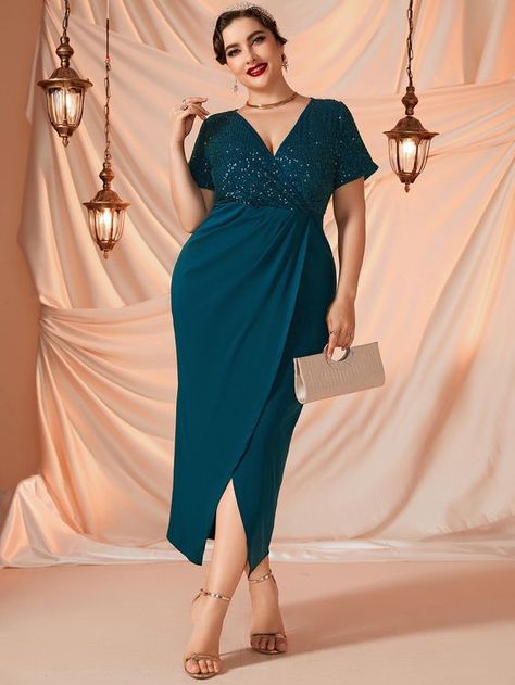 Teal Blue Glamorous Short Sleeve Polyester Plain Fitted Embellished High Stretch All Plus Size Dresses Bodycon Dress Formal, Fitted Bodycon Dress, Plus Size Bodycon, Sequence Dress, Plus Size Formal, Shein Dress, Column Dress, Mothers Dresses, Midi Dress Casual