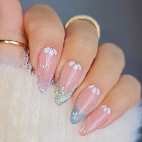 Fake Nails Glitter Glue on Nails with Flower Designs Acrylic Nails False Nails Cute Nails for Women and Girls 24Pcs Manikur Kuku, Long Press On Nails, Nagel Tips, Flower Nail Designs, Nail Forms, Flower Nail Art, Stick On Nails, Nailed It, French Tip Nails