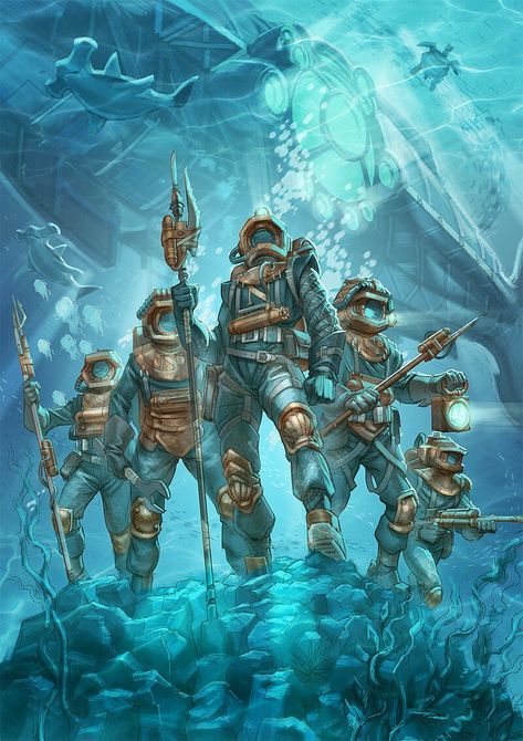 Captain Nemo Art, Submarine Illustration, Deep Sea Diver Art, Diver Art, Captain Nemo, Underwater City, Scifi Fantasy Art, Leagues Under The Sea, Jules Verne