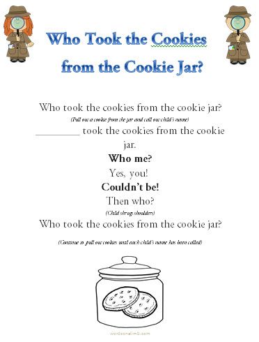 Who took the cookies from the cookie jar? Lyrics, printables, activity ideas and extensions. Jar Games, Literature Lessons, Kindergarten Songs, Circle Time Activities, Preschool Circle Time, Cookie Games, Name Activities, Finger Plays, Preschool Songs