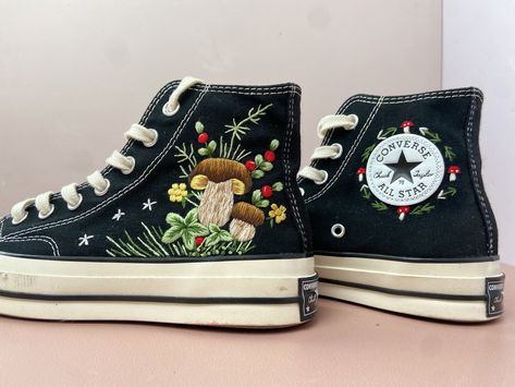 White Converse Wedding, Converse Bedazzled, Mushroom Converse, Converse Customized, Customized Converse, Embroidery Bride, Bedazzled Converse, Shoe Embroidery, Bride Converse