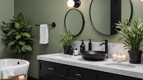 7 Tips for Designing a Sage Green and Black Bathroom - DexDecor Sage Green And Black House Interior, Olive Green And Grey Bathroom, Sage Green And Gray Bathroom, Black And Green Bathroom Ideas, Black White Green Bathroom, Sage Green And Black Bathroom, Green Black And White Bathroom, Black White And Green Bathroom, Green And Black Bathroom Ideas