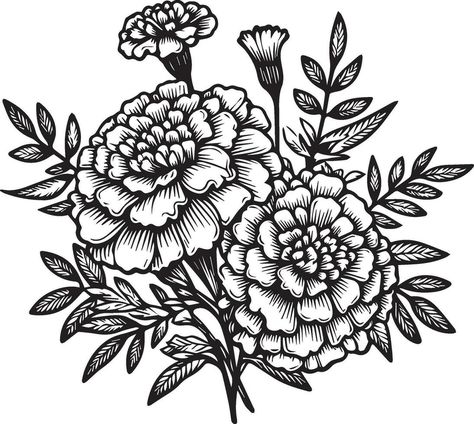 Cute flower coloring pages, marigold drawing, yellow marigold flower drawing, Hand drawn botanical spring elements bouquet of marigold line art coloring page, easy flower drawing. primrose flower art Flower Sleeve Stencil, Mary Gold Flower Drawing, Drawing Marigold Flowers, Marigold Black And White Tattoo, Marigold Hand Tattoo, Marigold Flower Art, Merigold Aesthetic Flower Tattoo, Mexican Flower Drawing, Marigold Line Art