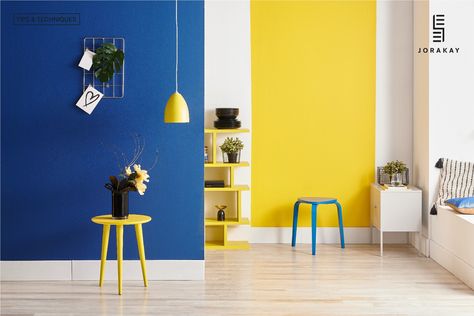 Yellow Wall Interior Design, Blue And Yellow Walls, Blue And Yellow Living Room Color Scheme, Yellow Living Room Paint, Blue And Yellow Office, Blue And Yellow Interior, Blue Yellow Interior, Yellow Painted Walls, Beautiful Bedroom Colors