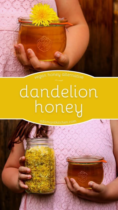 Dandelion Honey Recipe, Dandelion Recipe, Herb Preservation, Dandelion Ideas, Honey Alternative, Dandelion Honey, Spring Foraging, Vegan Dressings, Vegan Honey