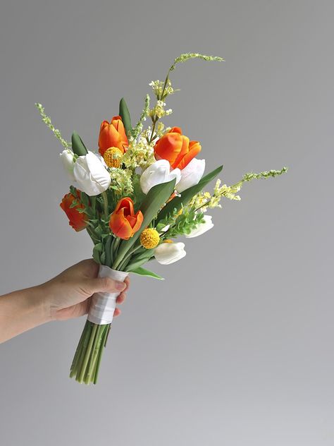 One Flower Wedding Bouquet, Nosegay Bridal Bouquet, White Yellow Orange Bouquet, Bridal Bouquet Tulips And Roses, Prom Bouquet Ideas Orange, Orange And White Flower Bouquet, Simple Colorful Wedding Bouquet, Small Orange Bouquet, Summer Wedding Flowers Bouquets Simple